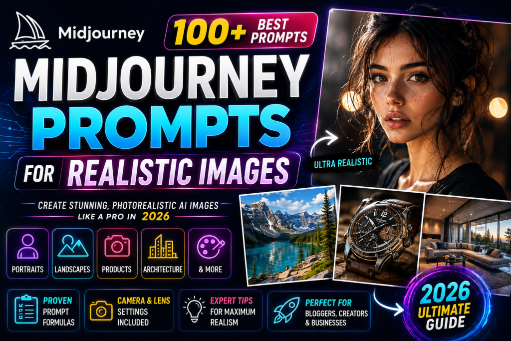Midjourney prompts for realistic images guide showing photorealistic AI portraits landscapes product photography and professional image generation techniques