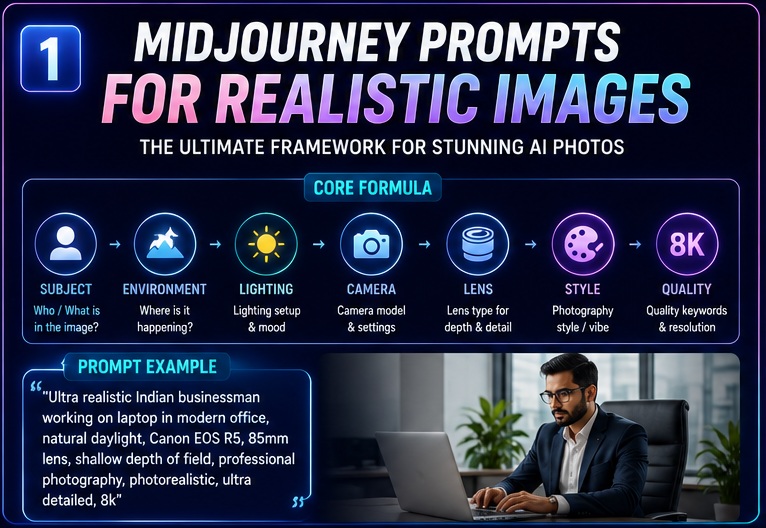 Midjourney prompts for realistic images framework showing subject environment lighting camera lens style and quality formula