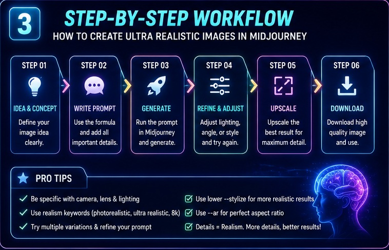 Step by step workflow for creating realistic AI images in Midjourney from idea to final upscale image