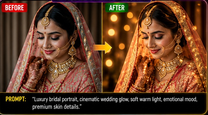 Mobile-friendly Wedding photo AI editing prompts before and after bridal cinematic enhancement