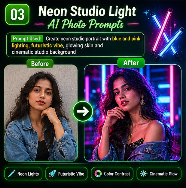 Studio lighting AI photo prompts before and after futuristic neon portrait lighting transformation