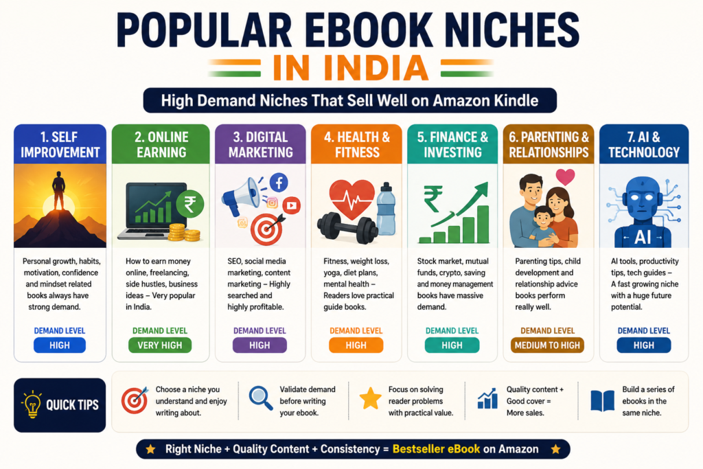 AI Ebook Writing popular ebook niches in India for Amazon Kindle publishing and passive income