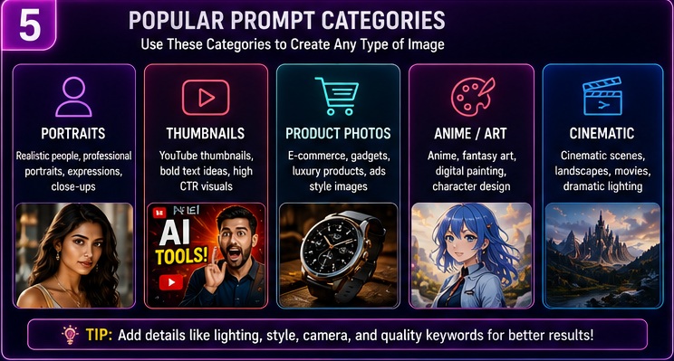 Popular Leonardo AI prompt categories including portraits thumbnails product photography anime and cinematic images