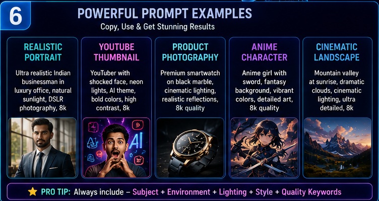Powerful Leonardo AI prompt examples for realistic portraits thumbnails products anime and cinematic scenes