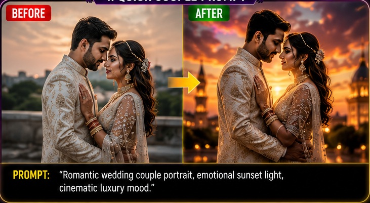 Quick couple Wedding photo AI editing prompts before and after romantic cinematic wedding transformation