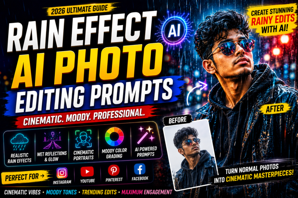 Rain effect AI photo editing prompts for cinematic rainy portraits and moody AI photo edits