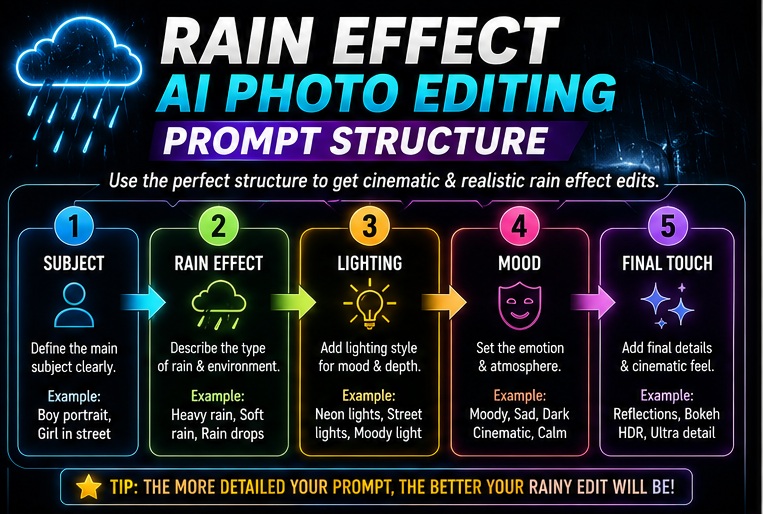 Rain effect AI photo editing prompts structure for cinematic rainy photo edits