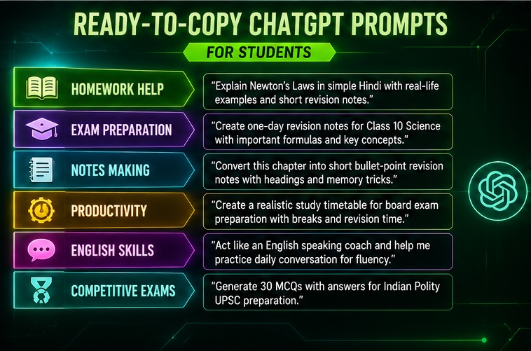 Ready-to-copy Best ChatGPT prompts for students for homework revision notes and productivity