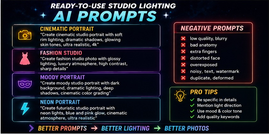 Ready-to-use Studio lighting AI photo prompts with cinematic portrait examples and negative prompts