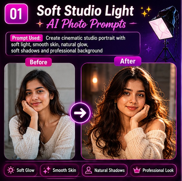 Studio lighting AI photo prompts before and after soft cinematic portrait lighting transformation