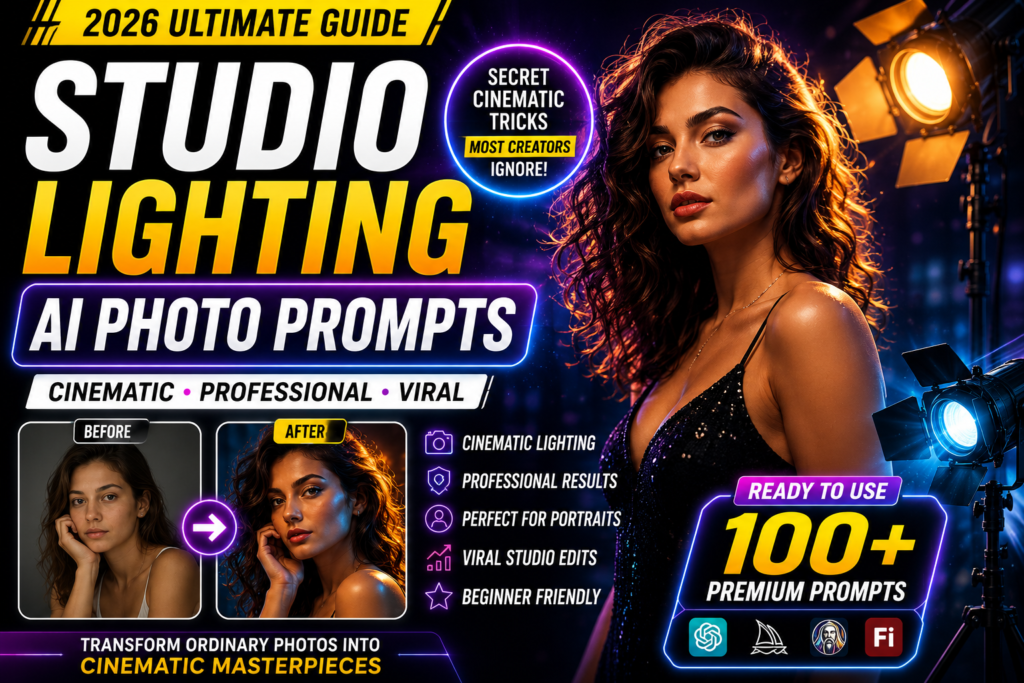 Studio lighting AI photo prompts with cinematic portrait lighting and professional before after AI editing effects