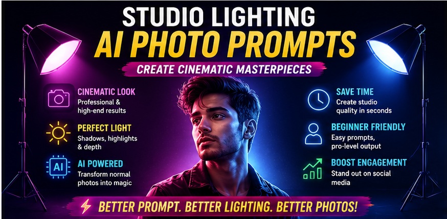 Studio lighting AI photo prompts for cinematic professional portrait lighting and premium photo edits