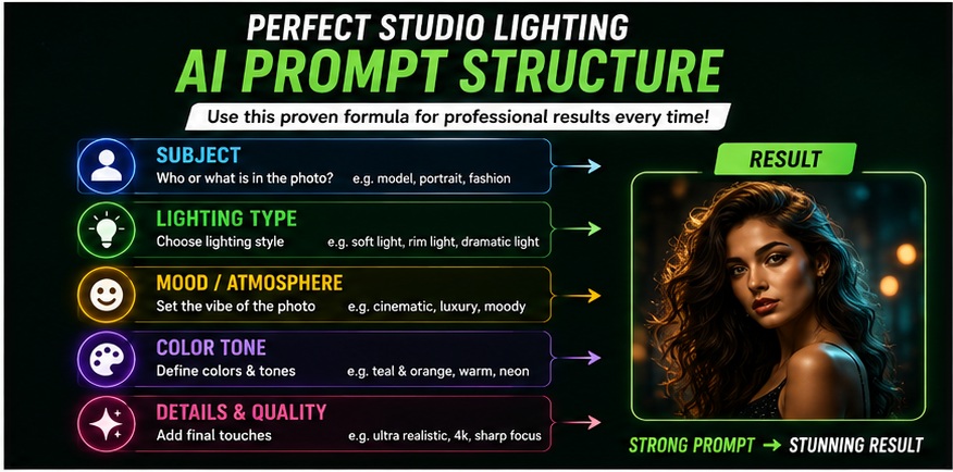 Studio lighting AI photo prompts structure for cinematic portrait lighting and professional AI photo editing