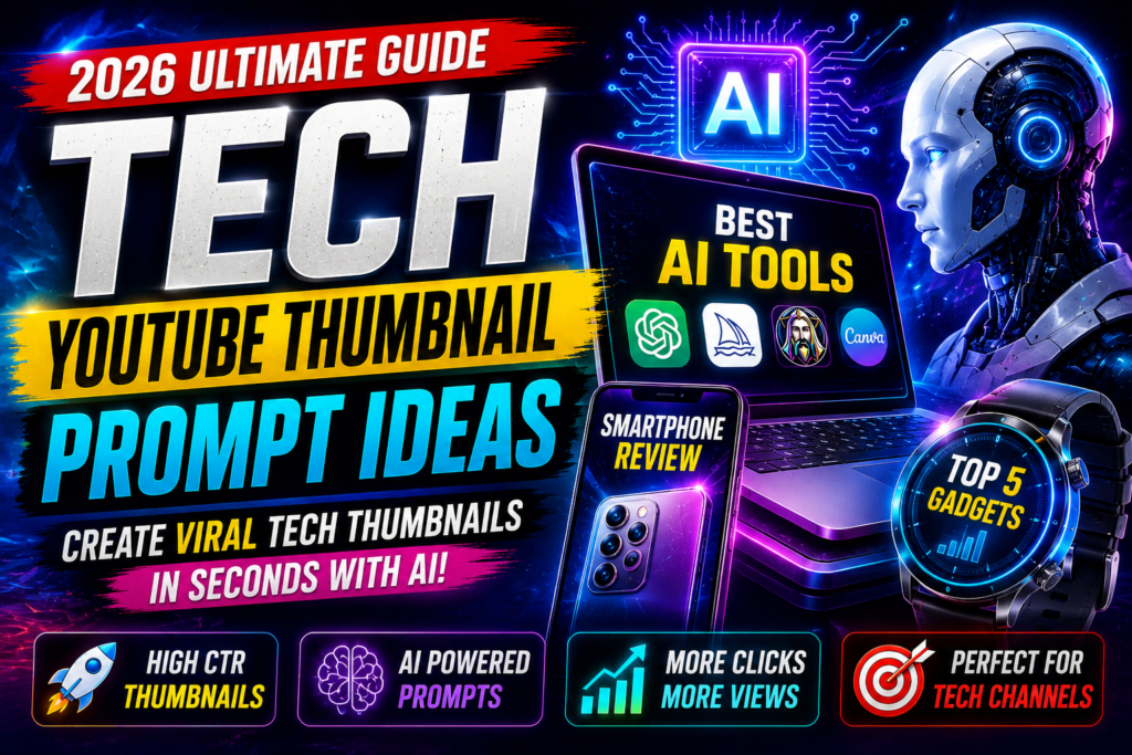 Tech YouTube thumbnail prompt ideas for futuristic AI thumbnails and high CTR tech videos