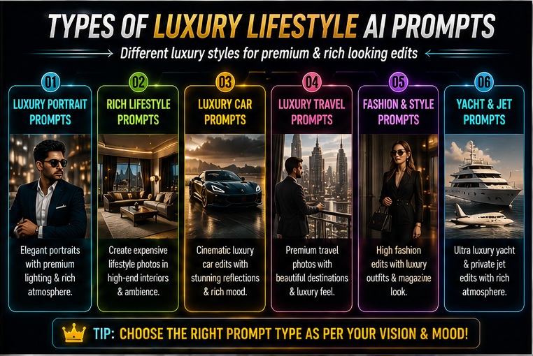 Luxury lifestyle AI prompts for photos categories including luxury cars travel and fashion edits