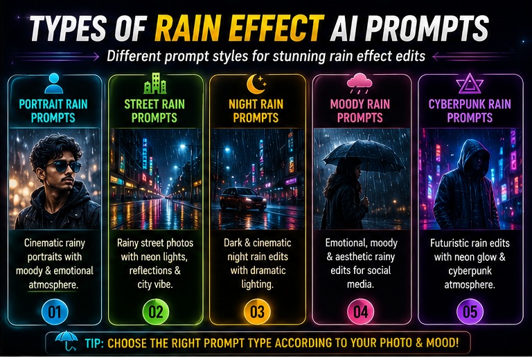 Rain effect AI photo editing prompts categories for portrait street and cyberpunk rain edits