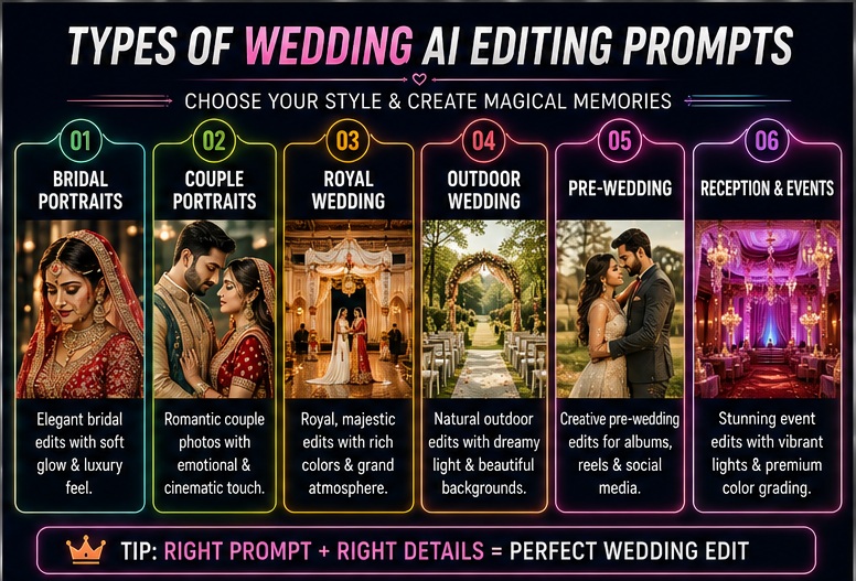 Wedding photo AI editing prompts categories including bridal portraits couple edits and royal wedding photography