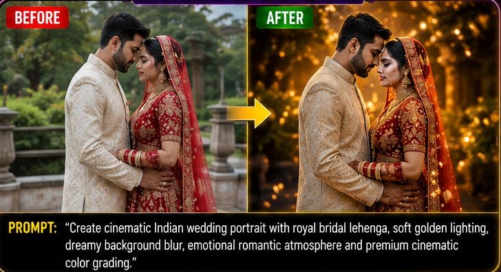 Wedding photo AI editing prompts before and after cinematic Indian wedding couple transformation