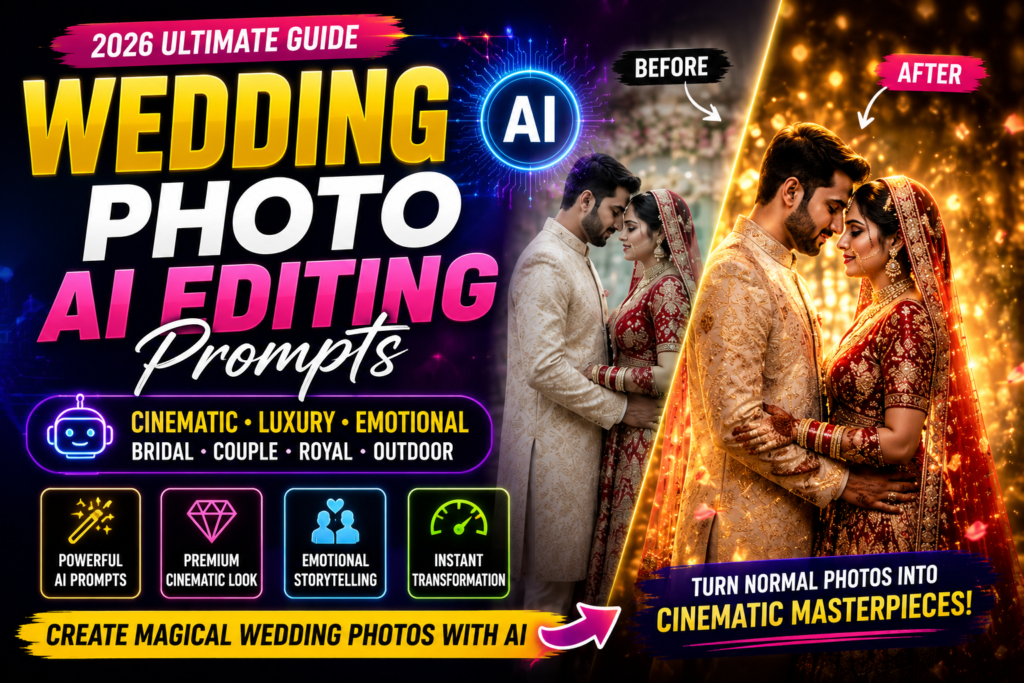 Wedding photo AI editing prompts with cinematic bridal portraits and luxury wedding photo transformation