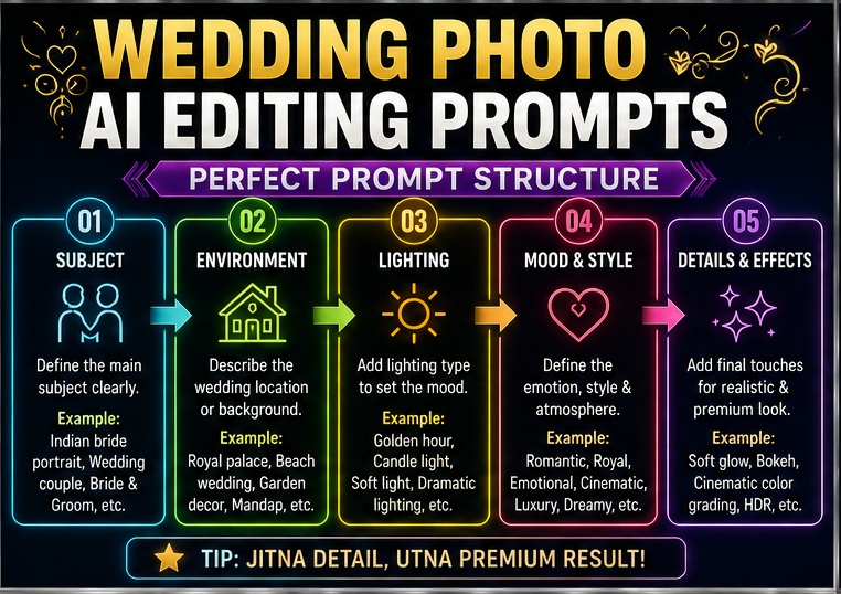 Wedding photo AI editing prompts structure for cinematic bridal and couple photo edits