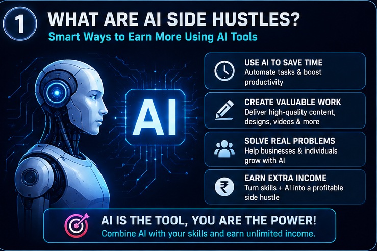 What are AI side hustles in 2026 infographic showing AI-powered income opportunities and earning methods