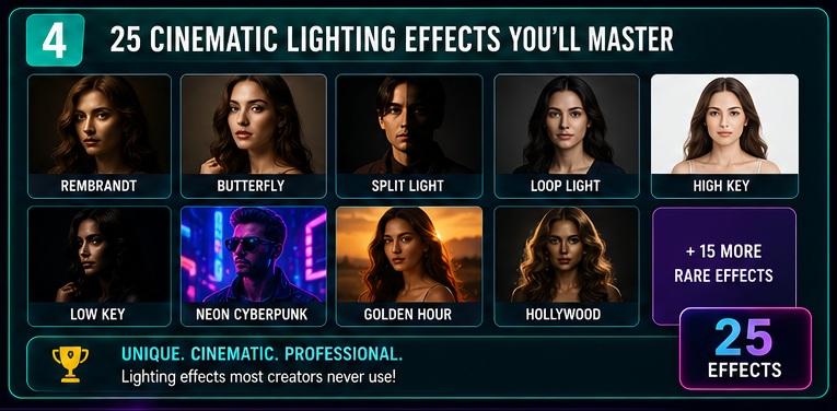 25 cinematic Studio Lighting AI Photo Prompts including Rembrandt butterfly split lighting and Hollywood effects