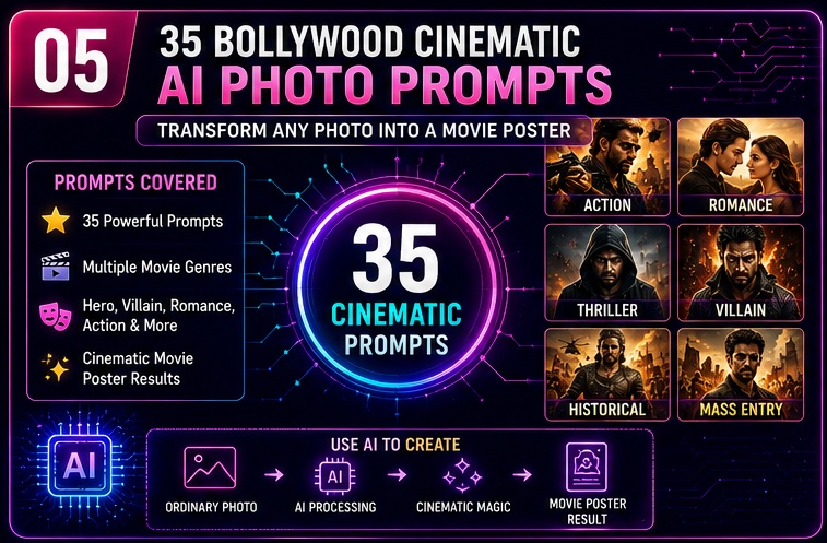 35 Bollywood Cinematic AI Photo Prompts covering action romance thriller historical and blockbuster movie poster styles
