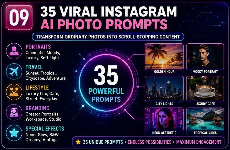35 Viral Instagram AI Photo Prompts overview featuring creator branding lifestyle travel and luxury content ideas