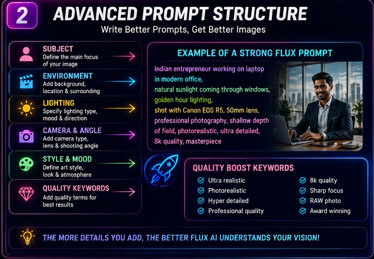 Advanced Flux AI prompt structure with subject environment lighting camera style and quality keyword examples