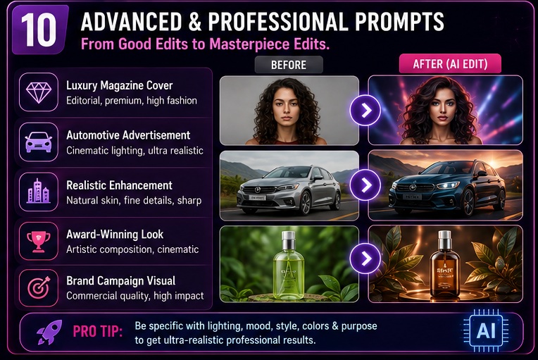 Advanced AI Photo Editing Prompts for luxury magazine covers commercial ads and professional branding