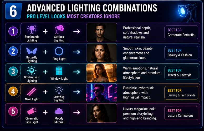 Advanced Studio Lighting AI Photo Prompts combinations used for cinematic portraits luxury branding and commercial photography