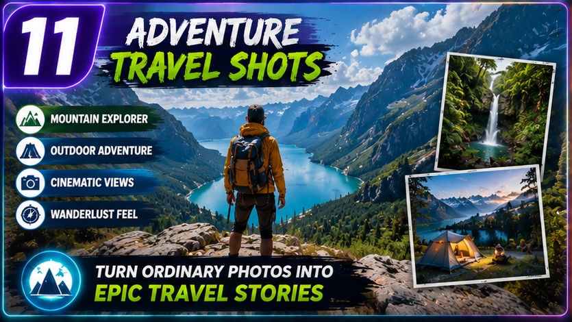 Travel Influencer AI Photo Prompts adventure travel shots with cinematic mountain storytelling