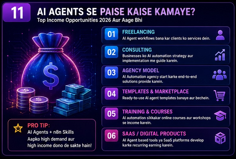 n8n AI Agents Complete Guide showing freelancing consulting agency SaaS products and AI automation income opportunities