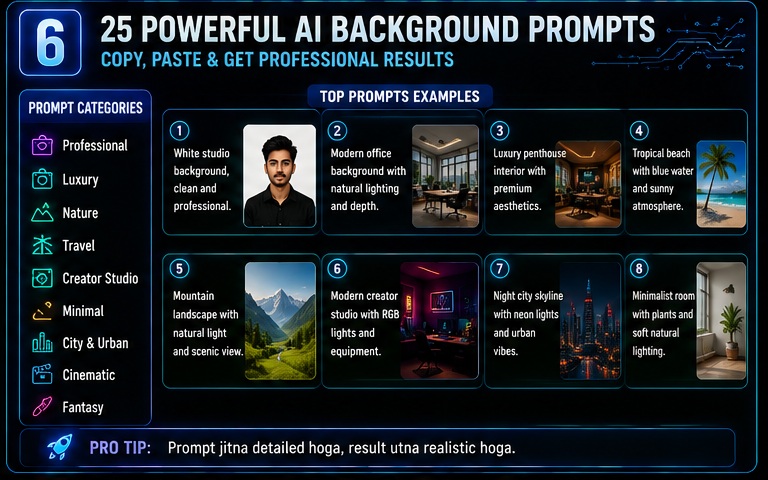 AI Photo Background Change Prompts background categories including office luxury travel nature and creator studio