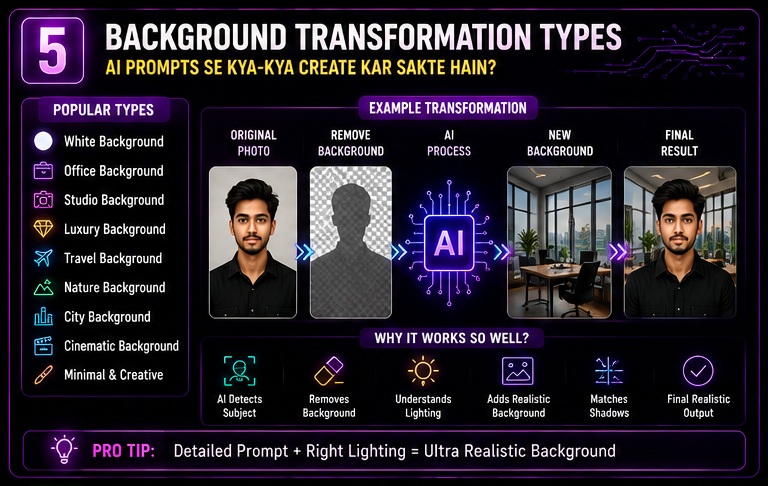 AI Photo Background Change Prompts formula with subject background lighting shadow and quality framework