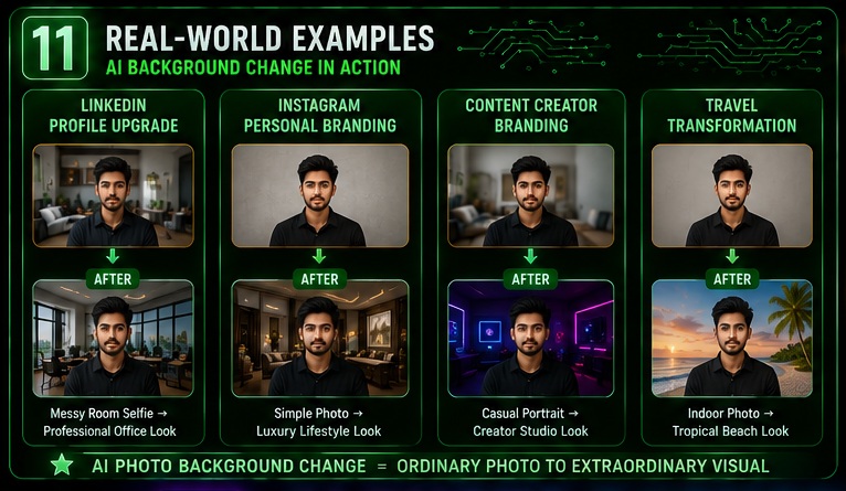 AI Photo Background Change Prompts examples showing LinkedIn Instagram creator and travel transformations
