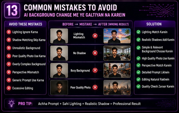 AI Photo Background Change Prompts mistakes including lighting mismatch unrealistic backgrounds and poor quality photos