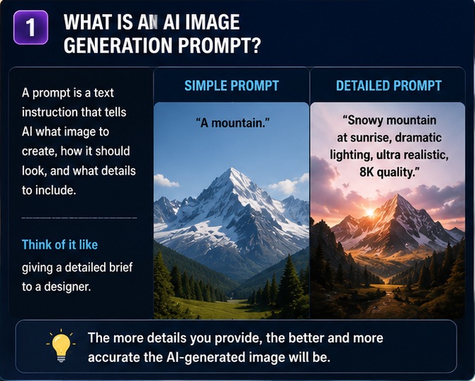 AI Image Generation Prompts Guide explaining what an AI image generation prompt is with simple and advanced prompt examples