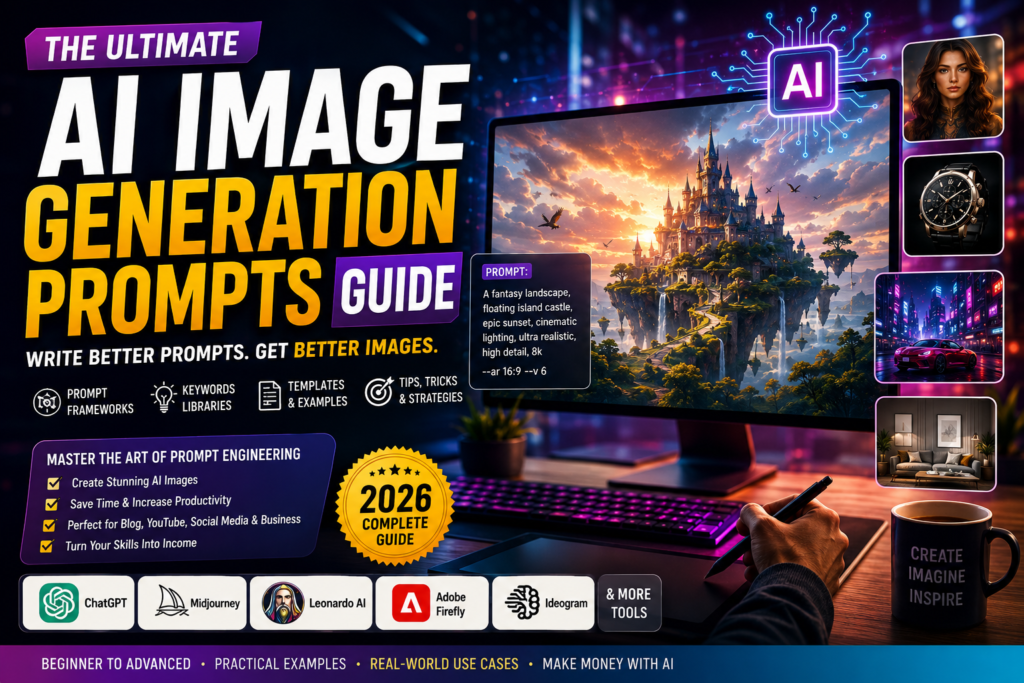 AI Image Generation Prompts Guide featuring prompt frameworks, AI image creation techniques, cinematic visuals and professional prompt engineering strategies