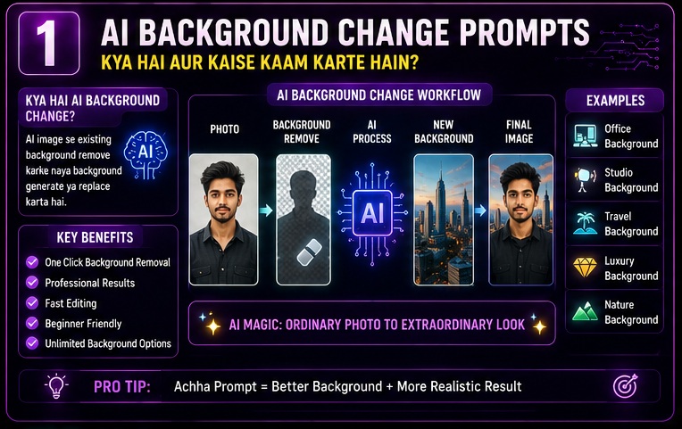 AI Photo Background Change Prompts explained with background removal workflow and professional editing process