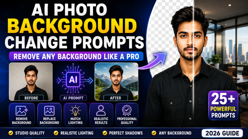 AI Photo Background Change Prompts showing professional background removal and replacement with realistic office environment and AI editing workflow