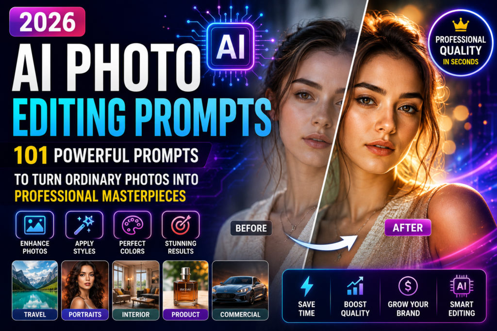 AI Photo Editing Prompts 2026 guide showing how to transform ordinary photos into professional masterpieces using powerful AI editing prompts