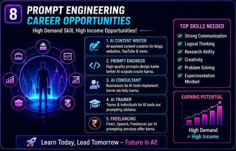 AI prompt engineering career opportunities including content writer prompt engineer consultant trainer and freelancer