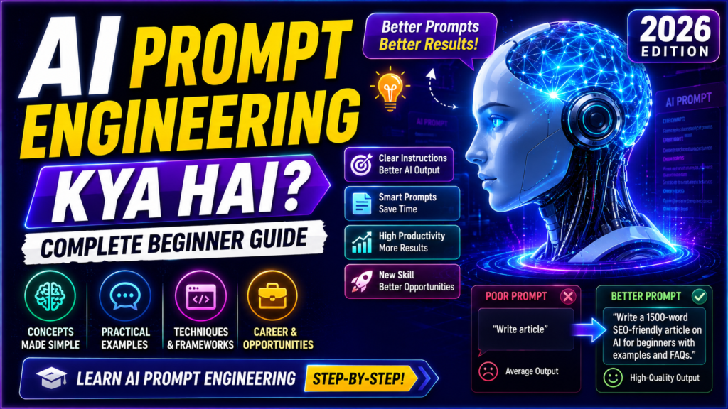 AI Prompt Engineering Kya Hai complete beginner guide showing prompt techniques frameworks examples AI tools and career opportunities in 2026