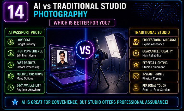 Passport Size Photo AI Prompts comparison between AI passport photos and traditional studio photography