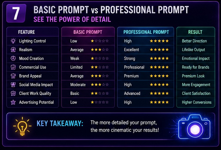 Comparison of basic and professional Studio Lighting AI Photo Prompts for better realism mood and branding