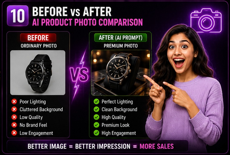 Before vs after comparison using Shop Promotion AI Photo Prompts