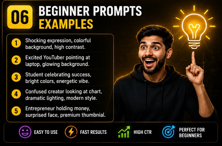 Beginner friendly YouTube Thumbnail AI Photo Prompts examples