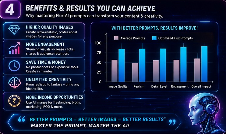 Benefits of using better Flux AI image prompts including improved quality engagement creativity and professional results