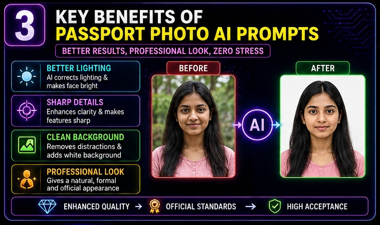Passport Size Photo AI Prompts benefits including better lighting clean background and professional results